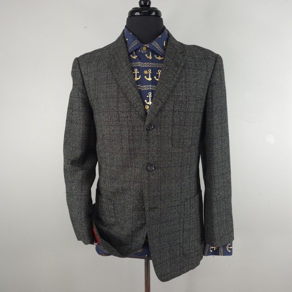 Vintage 3‎ Button Blazer Mens 40 Gray Check Sport Coat Preppy 50s 60s Preppy